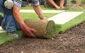 A person rolls up the roll of grass